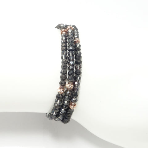 Hematite-Clear/Rose-Gold Crsytal Triple Wrap Bracelet