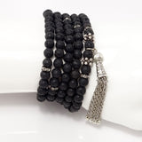 Black Lava Silver Tassel Beaded Necklace