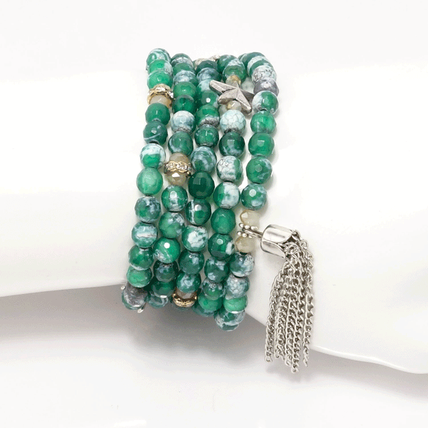 Green Silver Star Tassel Beaded Necklace