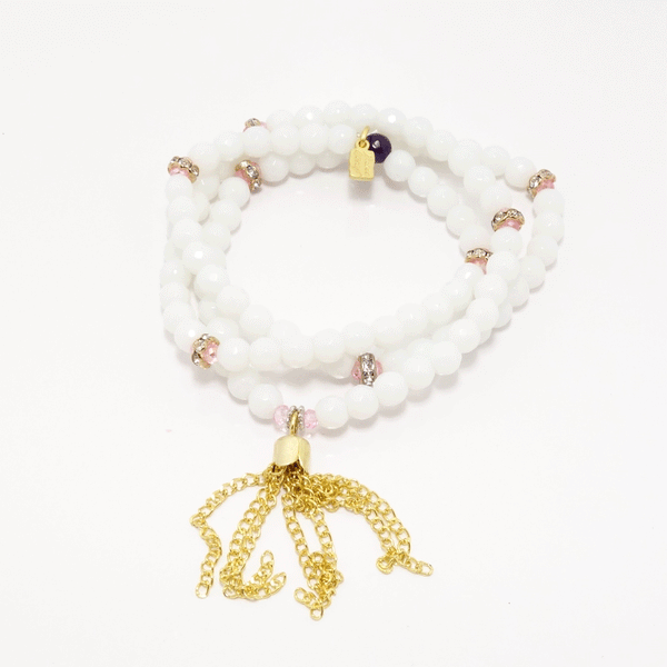 White Jade Gold Tassel Beaded Necklace