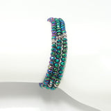 Green Metallic Silver Crystal Triple Wrap Bracelet